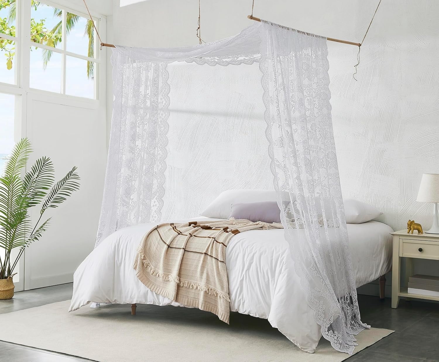 WARM HOME DESIGNS 55 x 216 Inch White Lace Canopy Bed Curtains are Perfect for Queen Bed Canopy to Create Black Bedroom Decor, Gothic Bedroom Decor or Halloween Room Decor. LEC CANOPY 216 WHITE