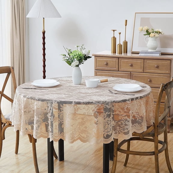 WARM HOME DESIGNS 90 Inch Round English Rose Golden Linen Lace Tablecloth for 6-8 Guests. LTC Linen 90