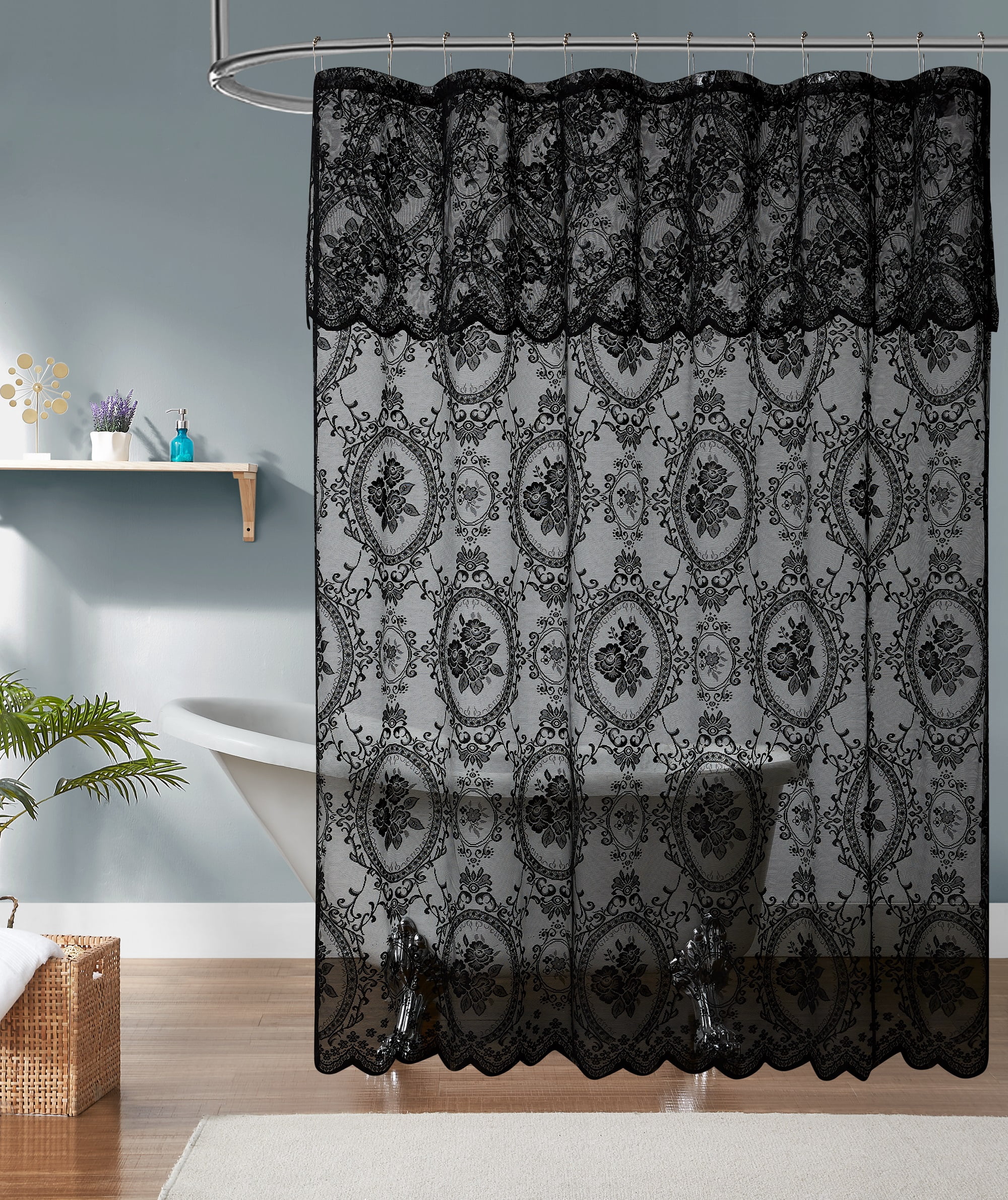 72 Inch Black Gothic Vintage Shower Curtain with Matching Valance. SH Black 72