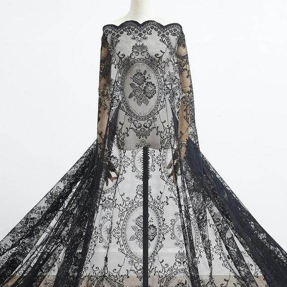 WARM HOME DESIGNS Black Lace Fabric. 6 Yards (216 Inches) Long. 54 Inch Wide. Scalloped Fabric for Gothic Décor. LE Black 216