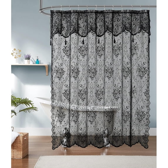 WARM HOME DESIGNS Black Extra Long Lace Shower Curtain 72 W x 96 L Inches with Attached Valance & Tassels. LA Black 96