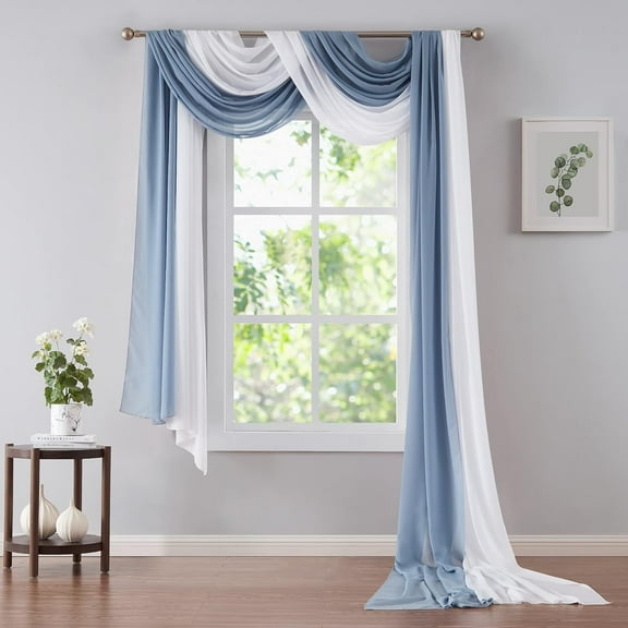 WARM HOME DESIGNS Chiffon Double Window Scarves in Dusty Blue and White Colors for Blue Home Décor. CHS 144 WHITE & D BLUE