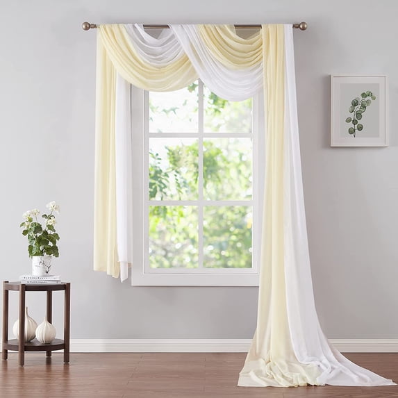 WARM HOME DESIGNS Chiffon Double Window Scarves in Ivory and White Colors for Yellow Home Décor. CHS 288 WHITE & IVORY