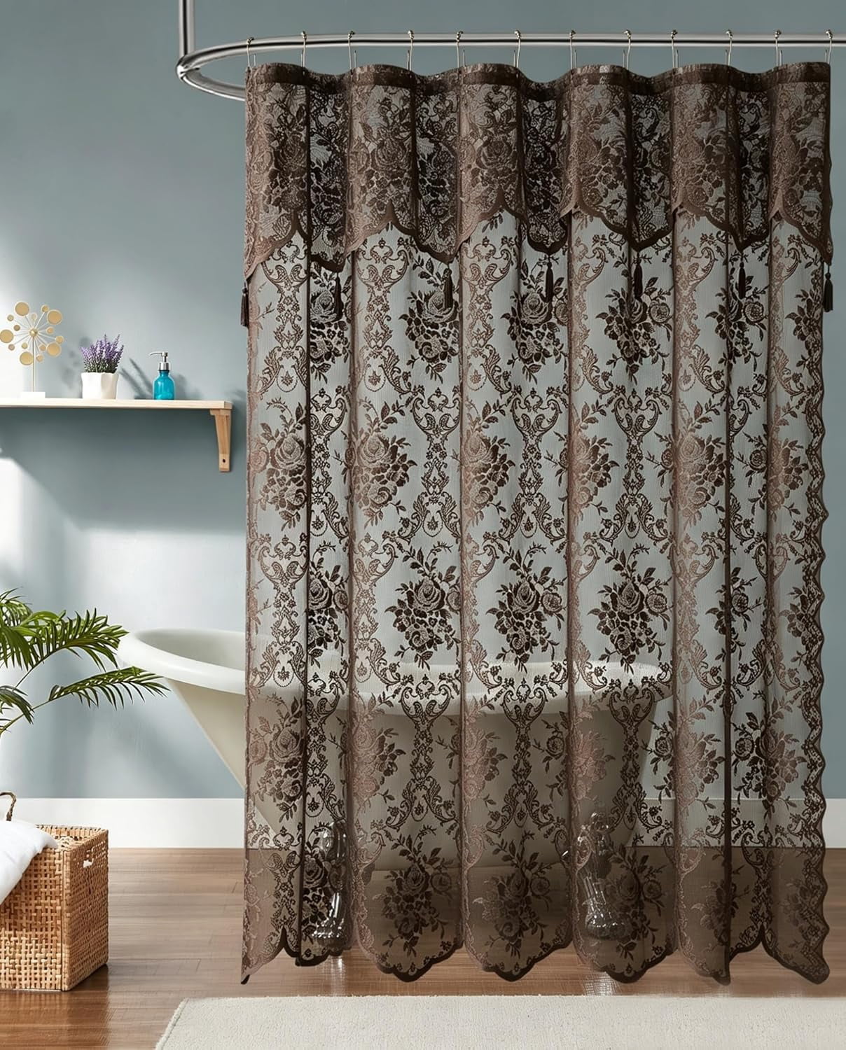 WARM HOME DESIGNS Chocolate Lace Shower Curtain 72 W x 84 L Inches with Attached Valance & Tassels. LA Chocolate 84