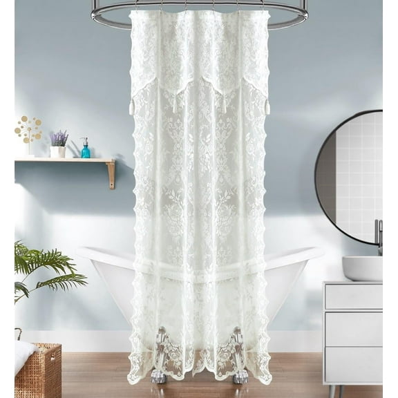 WARM HOME DESIGNS Ivory Lace Stall Shower Curtain 36 W x 72 L Inches with Attached Valance & Tassels. LA Ivory 36