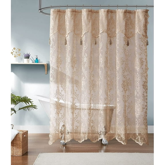 Warm Home Designs Gold Linen Lace Shower Curtain 72 x 72 Inches with Attached Valance & 7 Tassels. LA Linen 72