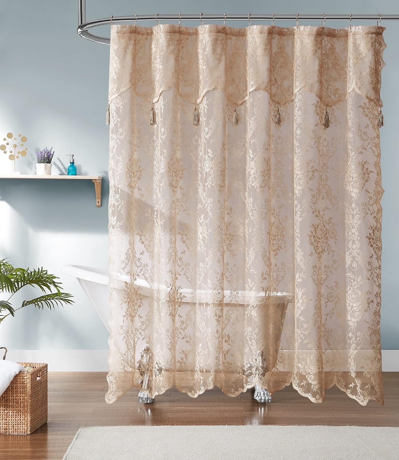 WARM HOME DESIGNS Linen Lace Shower Curtain 72 W x 84 L Inches with Attached Valance & Tassels. LA Linen 84