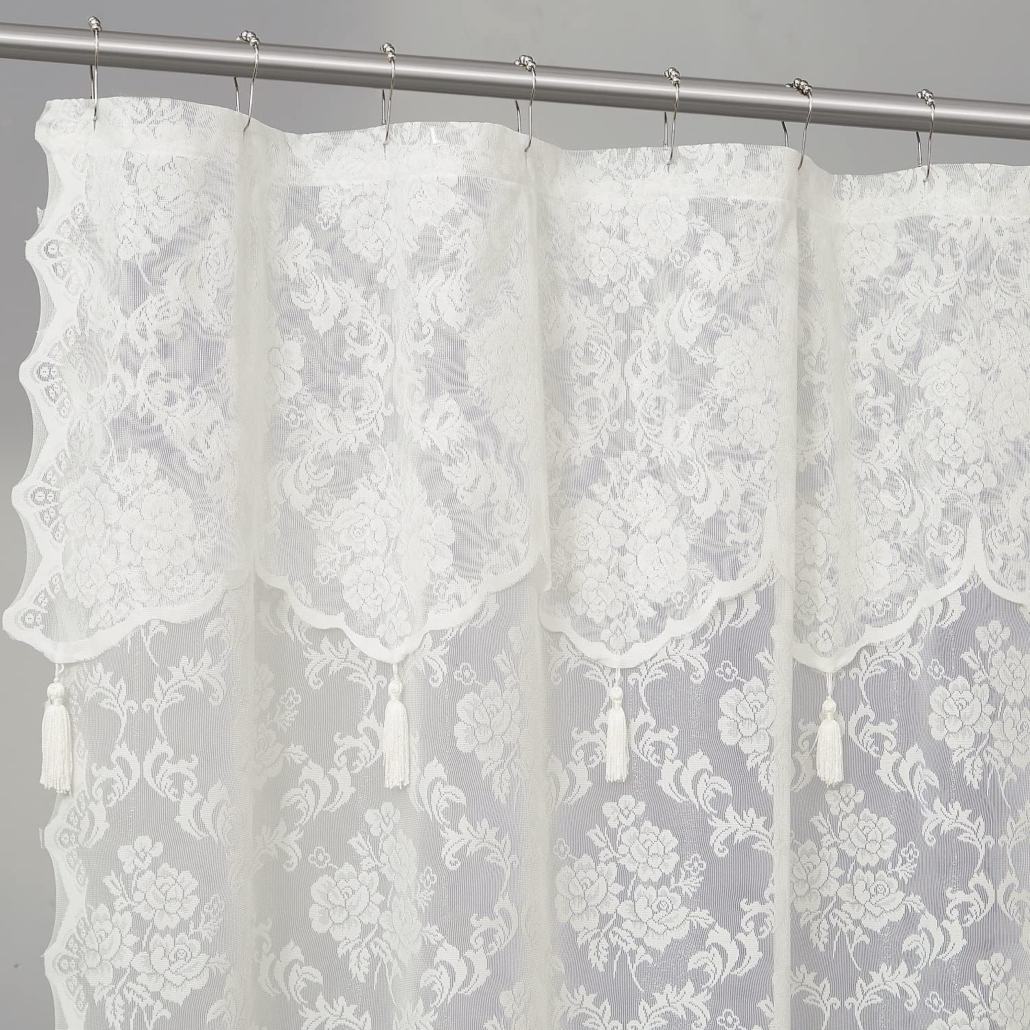WARM HOME DESIGNS Luxury Lace Shower Curtain with Attached Valance and Elegant Tassels. MSH Ivory 72