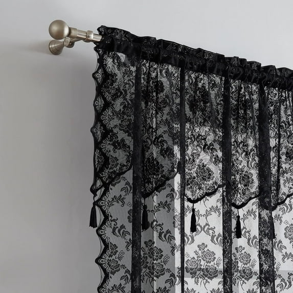 WARM HOME DESIGNS Luxury 63 Inches Long Black Lace Curtains with Valance and Tassels for Living Room, Dining Room or Bedroom. MC Black 63