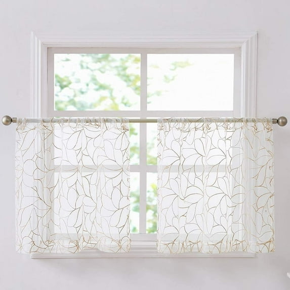 WARM HOME DESIGNS Pair of 2 30" x 24" Sheer White Kitchen Curtains. Short Boho Cafe Curtain with Linen Color Embroidery. O Linen Tiers 24