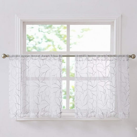 WARM HOME DESIGNS Pair of 2 30" x 36" Sheer White Kitchen Curtains. Short Boho Cafe Curtain with Silver Color Embroidery. O Silver Tiers 36
