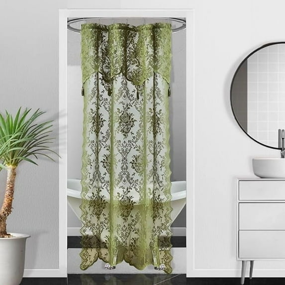 WARM HOME DESIGNS Sage Lace Stall Shower Curtain 36 W x 72 L Inches with Attached Valance & Tassels. LA Sage 36
