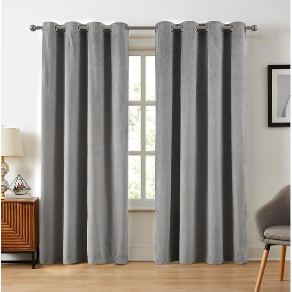 WARM HOME DESIGNS Pair of Silver Velvet Curtains With Embossed Damask Design 84 Inches Long. VE Silver 84