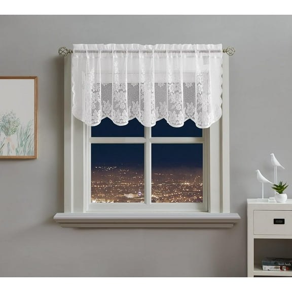 WARM HOME DESIGNS Single Flower White Lace Kitchen Valance for Coffee Decor. KIF White Valance