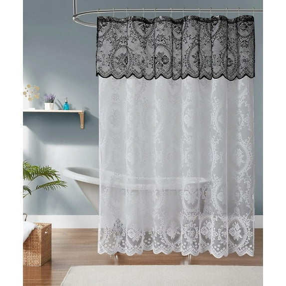 WARM HOME DESIGNS 84 Inch White Gothic Vintage Shower Curtain with Black Valance. SH White-Black 84