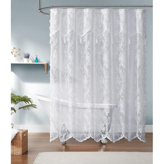 WARM HOME DESIGNS White Lace Shower Curtain 72 W x 84 L Inches with Attached Valance & Tassels. LA White 84