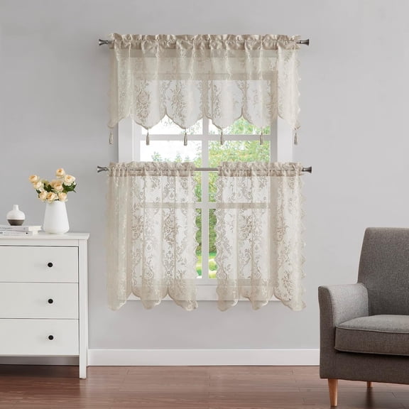 WARM HOME Designs 3 Piece Linen Lace Kitchen Curtains and Valances Set Includes 2 30" x 36" Kitchen Tiers & 54" x 22” Lace Valance with 6 Tassels. L Linen Set