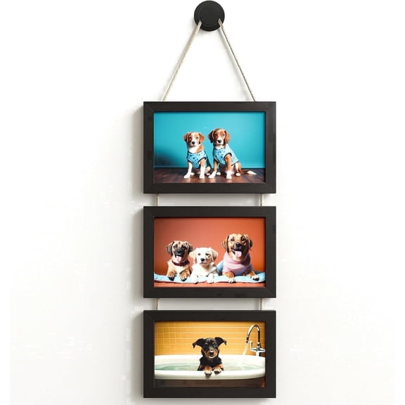 WARM&LOVE Black 5x7 Inch 3-Panel Hanging Wooden Picture Frame, Wall Mounted Collage Photo Frame for Home Wall Decor