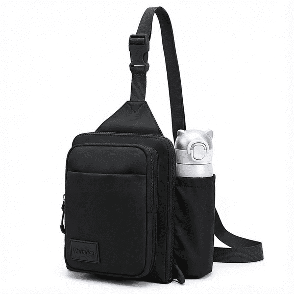 Warmdeer Anti-Theft Sling Bag with Bottle Holder, Water Resistant Crossbody Chest Bag for Travel and Daily Use, Black