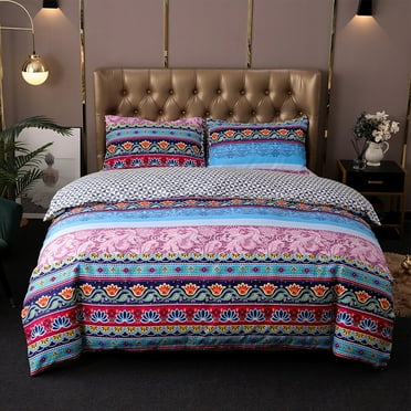 WARMDERN Boho Duvet Cover Sets Queen Size Bohemian Colorful Exotic Floral Duvet Cover Sets 100% Super Soft Luxury Microfiber Washed Bohemian Bedding Sets 1 Duvet Cover 90x90 in and 2 Pillow Shams