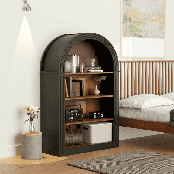 WARMMUSE 45.66" Arched Bookcase, Freestanding 4-Tier Low Short Bookshelf Storage Display Cabinet Organizer, Black