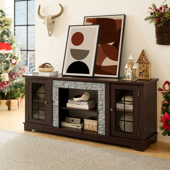 WARMMUSE 58" Modern TV Stand with 2-Door Storage, Faux Stone Entertainment Center, Cherry Large Media TV Console Table for Living Room
