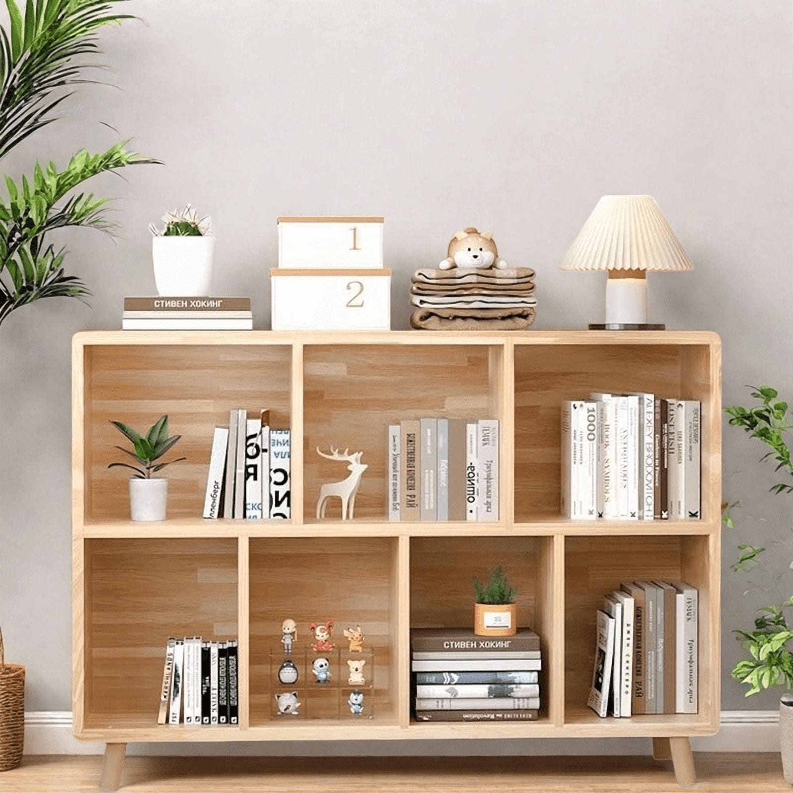 WARMMUSE 7-Compartment Storage Cabinet, Solid Pine Wood Cubby Storage Shelf with Legs for Books, Decor, and Toys, 45.5"L x 45.47" W x  29.1"H, Natural Wood