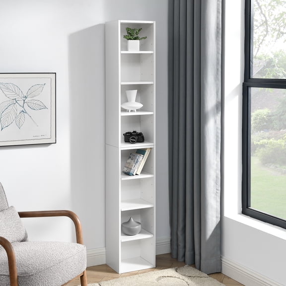WARMMUSE 8-Tier Media Tower Rack, Wooden Display Bookshelf with Adjustable Shelves, Tall Narrow Bookcase, Slim Storage Cabinet