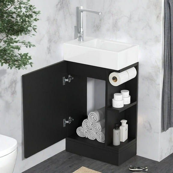 WARMMUSE Bathroom Vanity with Ceramic Sink, 18.6" Bathroom Vanity Cabinet with 2 Tier Shelf, Toilet Paper Holder,  Left or Right Installation Option, Black