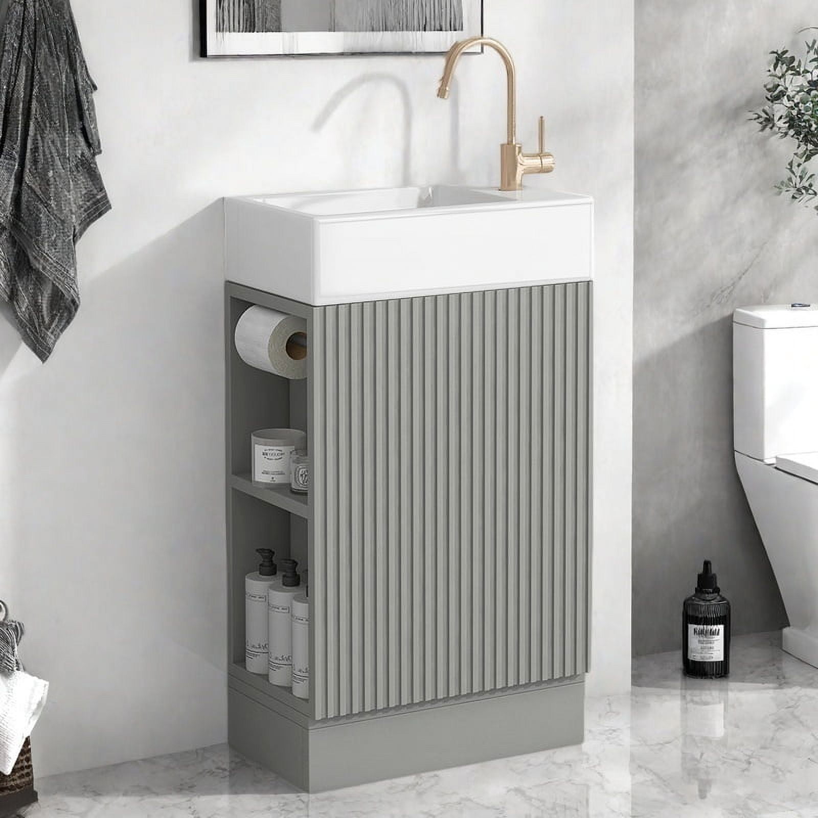 WARMMUSE Bathroom Vanity with Ceramic Sink, 18.6" Bathroom Vanity Cabinet with 2 Tier Shelf, Toilet Paper Holder,  Left or Right Installation Option, Gray