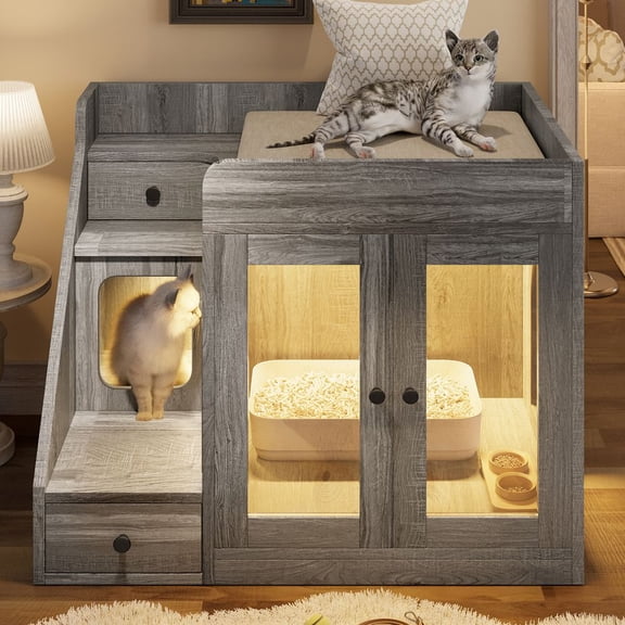 WARMMUSE Cat Litter Box Enclosure for 2 Cat, Hidden Litter Box Furniture with 2 Storage Drawers and Light, 32.60L x 22.00W x 26.00H, Gray