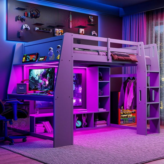 WARMMUSE Full Size Gaming Loft Bed,  Wooden Loft Bed Frame with Desk, Storage Shelves, LED Lighting & Hanging Clothes Rack, No Box Spring Required