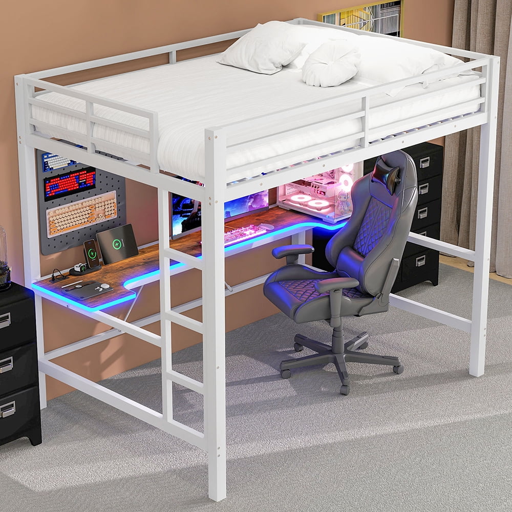 WARMMUSE Full Size Metal Loft Bed, Heavy Duty Bed Frame with LED Lights ...