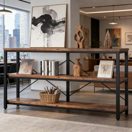 WARMMUSE Industrial Console Table with Storage Shelf, 3-Tier Wooden Entryway Sofa Table with Metal Frame for Living Room, Hallway