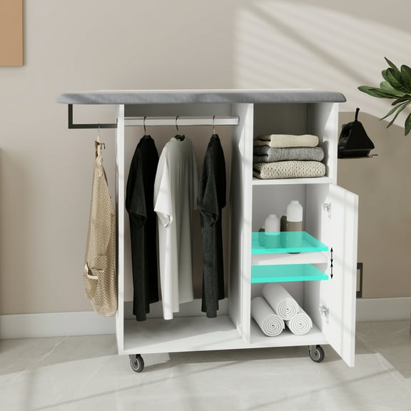 WARMMUSE Ironing Board, Laundry Sorter Cart with Ironing Board, Adjustable Shelf, 2 Clothes Rods, and Storage Cabinet, 40.55" H x 16.73" W x 42.13" L, White