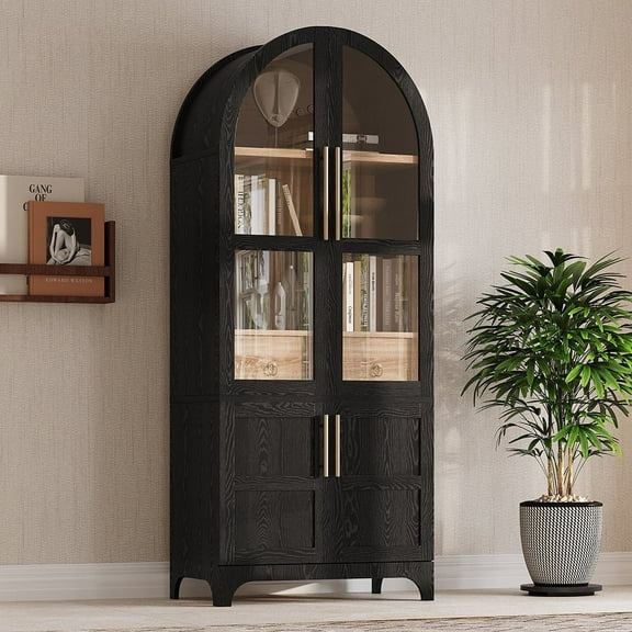 WARMMUSE 71" Tall Arched Bookcase, Curved Cabinet Bookshelf with Hidden Drawer, Shelves and Glass Doors for Study or Living Room, Black