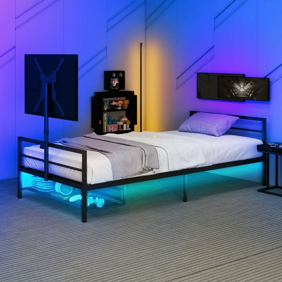 WARMMUSE Twin Size Gaming Bed, Full Size Gaming Bed with 360° Rotating TV Mount for 13-60 Inch TVs, LED Light Effects, 76.77" L x 40.94" W x 23.62" H