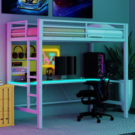 WARMMUSE Twin Size Metal Loft Bed, Heavy Duty Bed Frame with LED Lights & Desk for Bedroom, Dorm, or Gaming Setup, No Box Spring Needed, White