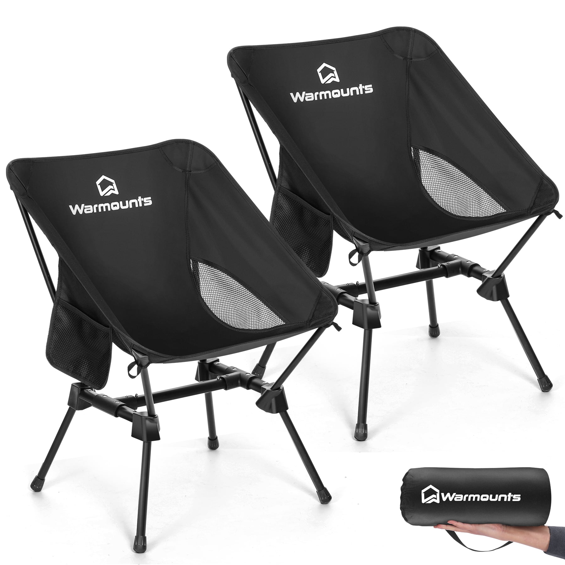 WARMOUNTS Portable Camping Chair, 400LBS Folding Backpacking Chair with Side Pocket & Carrying Bag, Ultralight Compact Beach Chair for Picnics Hiking Fishing, Black