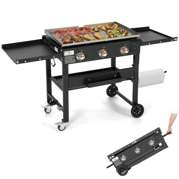 WARMOUNTS 3 Burners 32'' Propane Gas Griddle Foldable with 4 wheels, Portable Flat Top Grill 45000 BTU Propane Fuelled, Outdoor Griddle Grill with Side Tables, Tissue Hook, for Camping, BBQ