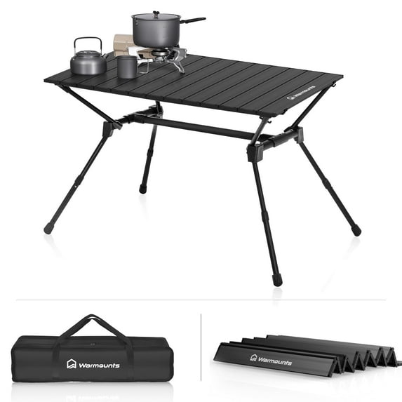 WARMOUNTS 35″ Aluminum Roll up Table Foldable for Camping Adjustable Height, Portable Aluminum Foldable Table, Portable Camping Table w/Carrying Bag for Picnic, Grill, Fishing, Beach, 2-4 People