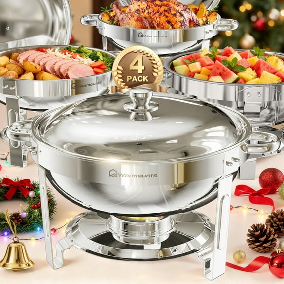 WARMOUNTS Round Chafing Dish Buffet Set 4 Pack, 5QT Polished Stainless Steel Chafing Dish, Buffet Servers and Warmers Set with Lid & Holder for Party, No Finger Cuts