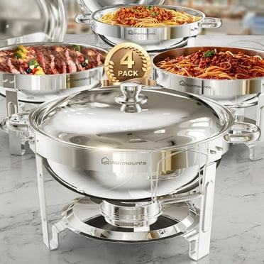 WARMOUNTS Round Chafing Dish Buffet Set 4 Pack, 5QT Polished Stainless Steel Chafing Dish, Buffet Servers and Warmers Set with Lid & Holder for Party, No Finger Cuts
