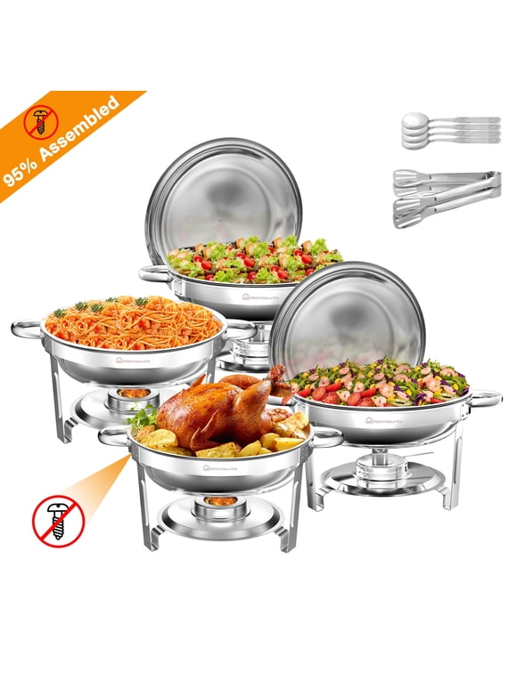 WARMOUNTS 4-Pack Chafing Dish Buffet Set, 5QT Round Buffet Servers and Warmers Set, Stainless Steel Food Warmer with Lid & Holder for Party