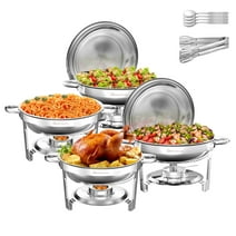 WARMOUNTS 4-Pack Chafing Dish Buffet Set, 5QT Round Buffet Servers and Warmers Set, Stainless Steel Catering Food Warmer with Lid & Holder for Party