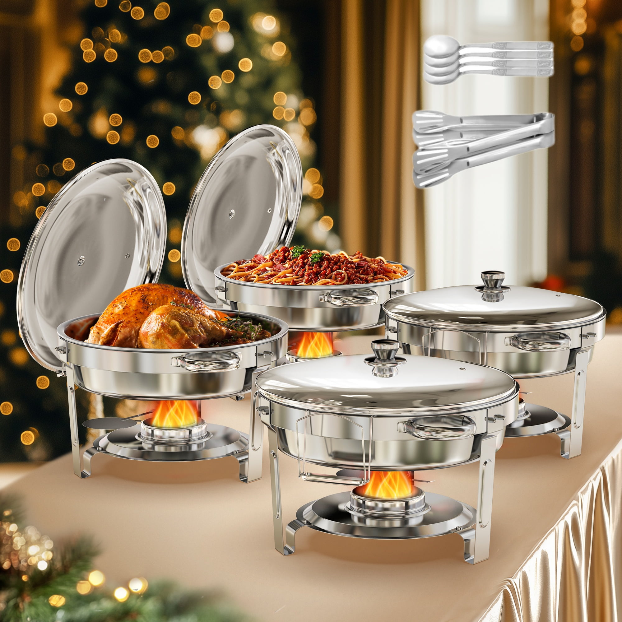 5QT Stainless Steel Round Chafing Dish Buffet Set with Glass Lid, 4-Pack