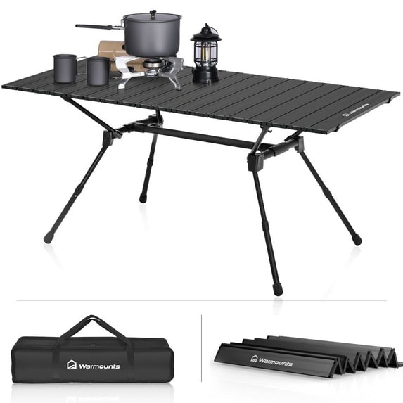 WARMOUNTS 49″ Aluminum Foldable Table for Camping Adjustable Height, Portable Outdoor Camp Table w/ Carrying Bag, 4-6 People