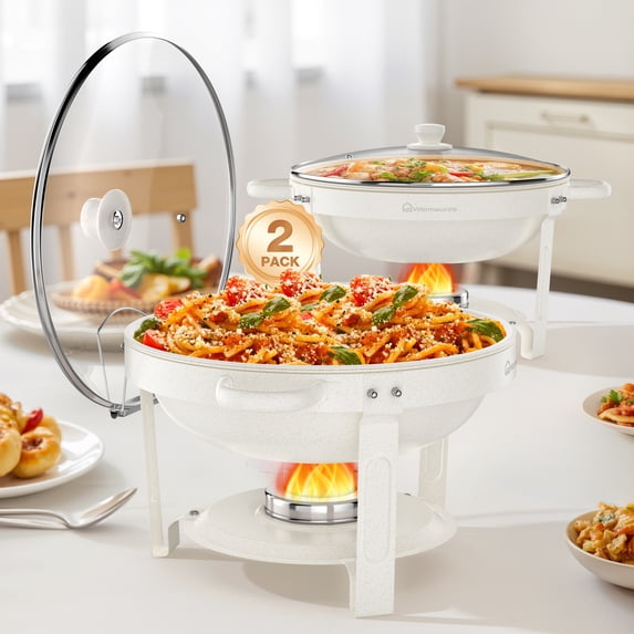 WARMOUNTS White Chafing Dishes for Buffet 2 Pack, 5QT Maifanite Coating Round Chafing Dish Buffet Set, Rolled-Rim Glass Lid & Lid Holder for Parties Serve Wedding Birthday Church Event
