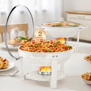WARMOUNTS White Chafing Dishes for Buffet 2 Pack, 5QT Maifanite Coating Round Chafing Dish Buffet Set, Rolled-Rim Glass Lid & Lid Holder for Parties Serve Wedding Birthday Church Event