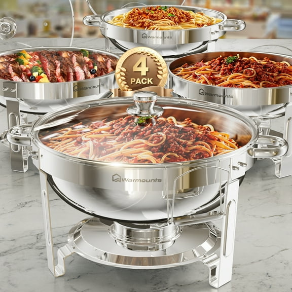 WARMOUNTS Round Chafing Dish Buffet Set 4 Pack, 5QT Buffet Chafe Warmer Set, Polished Stainless Steel Chafing Dish for Buffet with Glass Lid & Holder for Party Events, No Finger Cuts